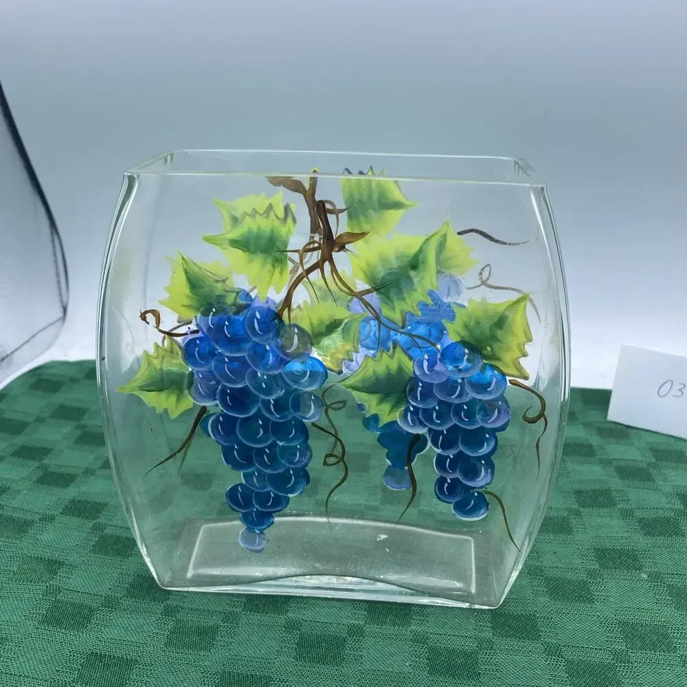 6” Hand Painted Grape Vines Vase Or Napkin Holder 6” Tall